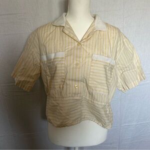 Evan Picone Sport Cropped Butter Yellow Polo Button up Striped Tenniscore Prep